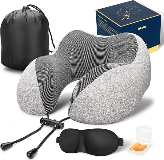 MLVOC Neck Pillow for Traveling, Upgraded 100% Pure Memory Foam Travel Neck Pillow for Airplane Flight Sleep, Breathable & Machine Washable Cover, Travel Kit with 3D Eye Mask, Earplugs & Bag, Grey | memor foam