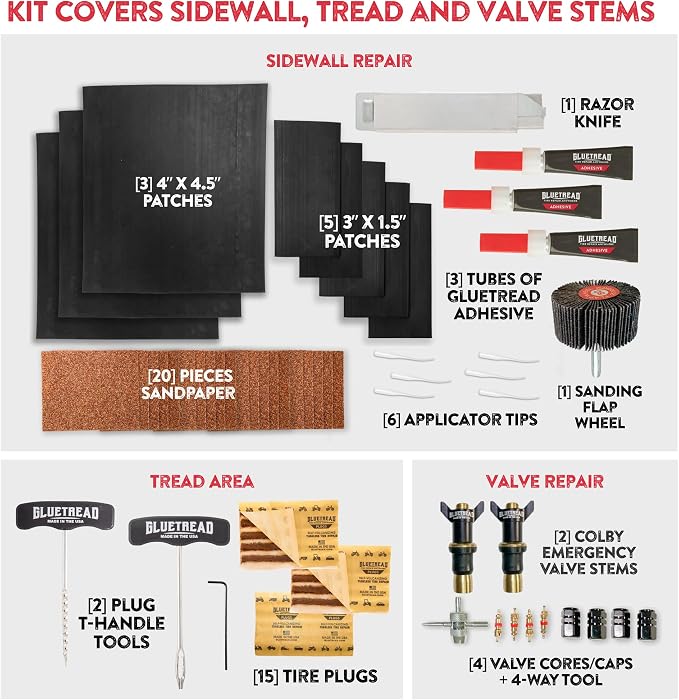 GlueTread Expedition All-Inclusive Off-Road Tire Repair Kit | Repair Any Kind of Tire Damage or Puncture | Includes Sidewall Tire Repair Patches, Plugs, and Colby Emergency Valve Stems