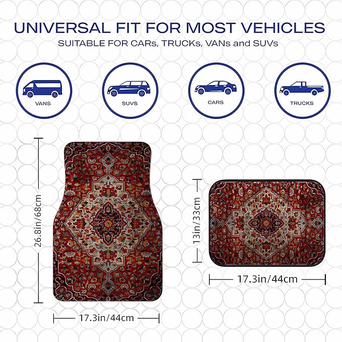 Universal Fit Car Floor Mats Set of 4Pcs, Bohemian Retro Red All-Weather Front Rear Car Carpet Mats, Non-Slip Car Floor Mat Car Accessories for Automotive Trucks SUV Sedans Vans