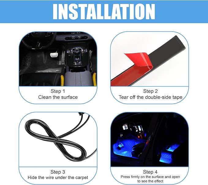 Car LED Strip Light, 48 LED 12V USB Port, Blue | RGB Neon Auto Interior Atmosphere Lights, Under Dash Ambient Night Light, Universal Decorative Lamp Accessory for Car Truck