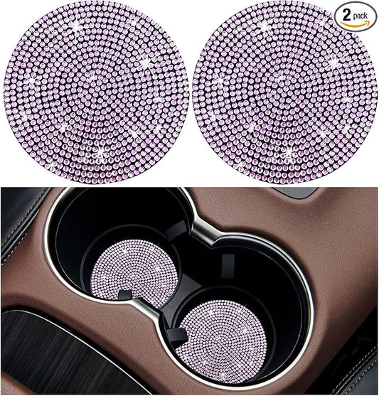 Ziciner 2PCS Bling Car Cup Holder Coaster, 2.73 Inch Anti-Slip Cup Insert Coasters, Crystal Rhinestone Auto Drink Cup Mat, Universal Interior Decor Car Accessories for Women Girls (Pink)