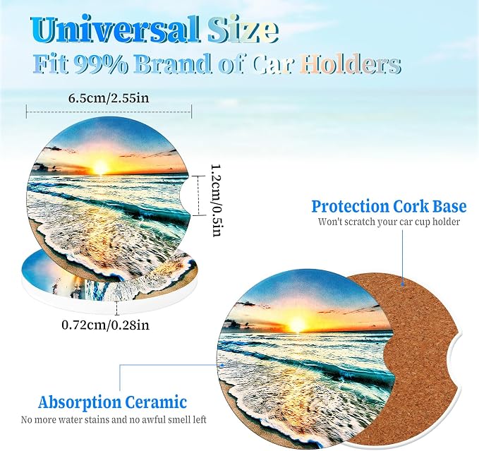 Jeffdad Car Cup Holder Coasters, 2 Pack Absorbent Ceramic Coaster 2.56" Universal Ceramic Stone & Non-Scratch Cork Base Coasters Auto Accessories for Women & Men(Sunset)