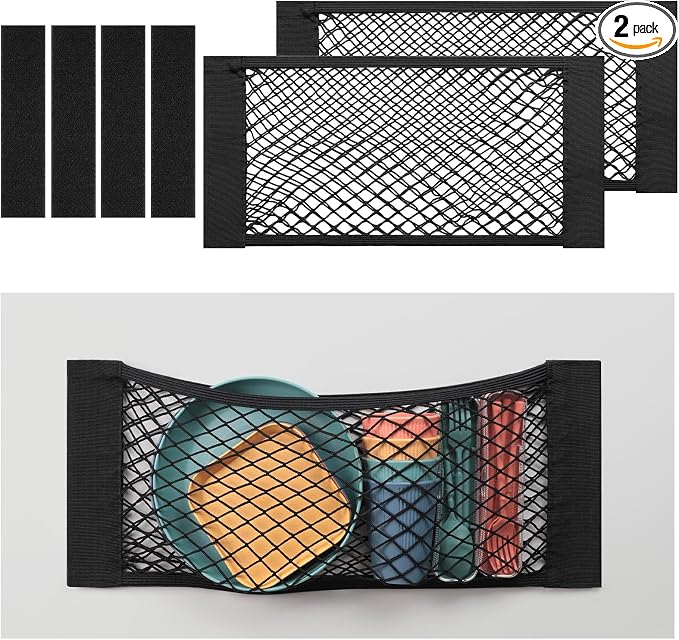 TOBWOLF 2PCS 25x60cm / 9.8x23.6in Car Storage Net Bag with Tape Stickers, Adhesive Mesh Pocket Net String Pouch Bag, Stretchable RV Storage Netting, Wall Sticker Organizer Pouch Bag for Home Storage