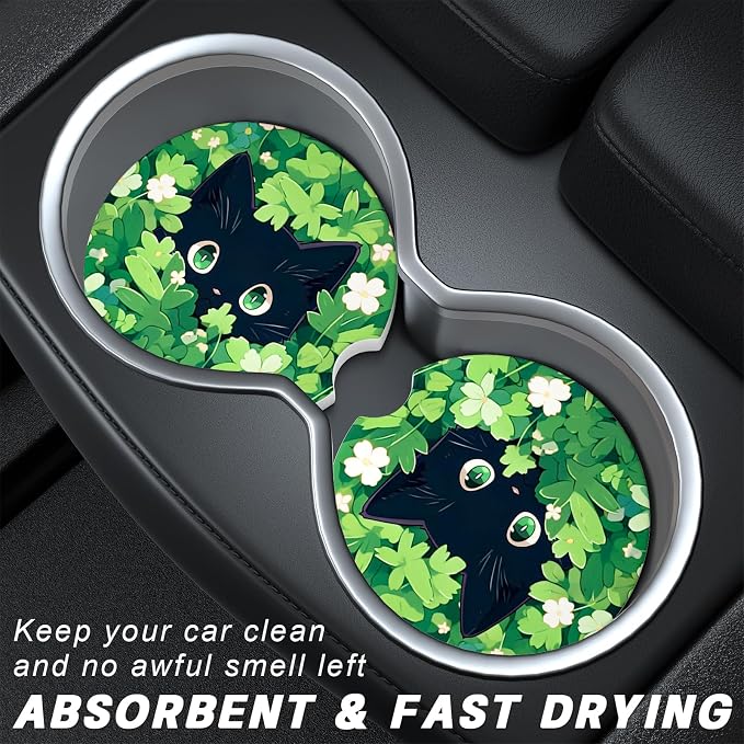 Aiawoxc Car Cup Holder Coasters, 2 Pack Universal Auto Anti Slip Insert Coaster with A Finger Notch, Cup Mat for Most Car Interior, Green Leaf Cat