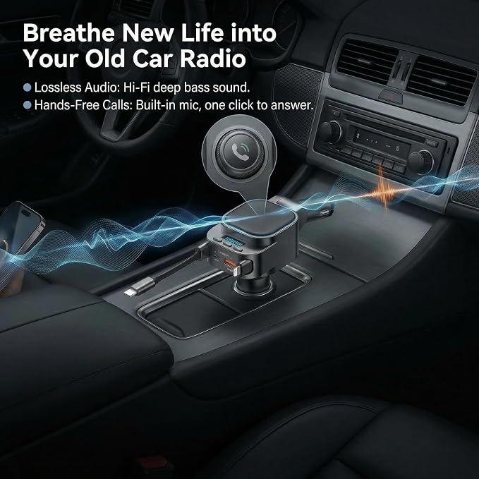 Bluetooth 5.3 Car Adapter, 96W FM Transmitter, 4-in-1 Retractable Charger | 96W Fast Charging | Bluetooth 5.3 Auto-Reconnect | 2 Retractable Cables (USB-C+Lightning) | 2 USB Ports | AUX+FM
