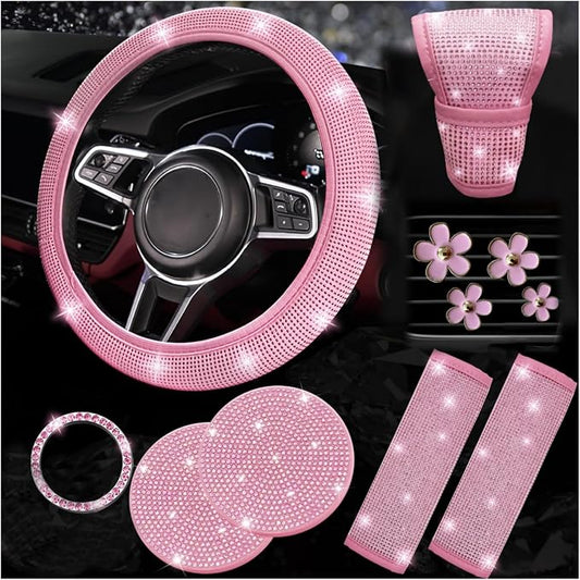 11 pcs Bling Car Accessories Set for Women, Steering Wheel Cover, Sparkly Seat Belt Covers, Daisy Vent Clips, Bling Shift Cover，Universal Fit Most Cars (Pink Diamond)