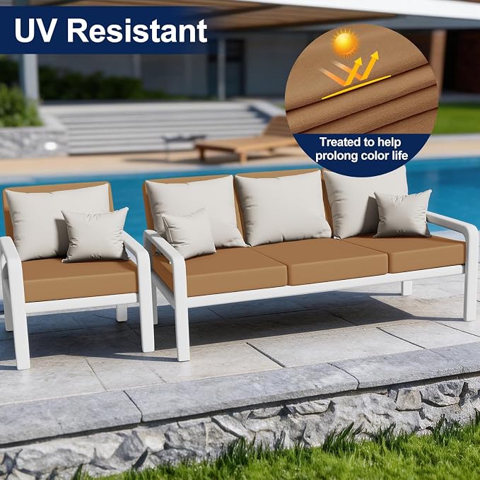 Smiry Waterproof Patio Cushion Covers, Stretch Outdoor Couch Slipcovers Replacement Washable Furniture Protector Sofa Chair Seat Cover for Dogs and Pets (4 Pcs, Camel)