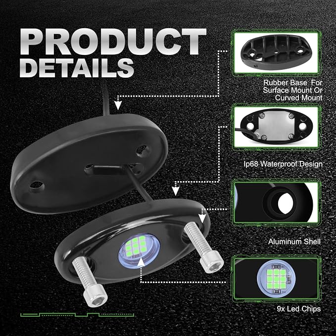 12 Pods Green LED Rock Lights Neon Underglow Light for Car Truck ATV SUV | Under Body Glow Light Trail Fender Lighting