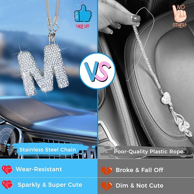 Bling Car Letter Charm, Rear View Mirror Ornament Cute Hanging Crystal Pendant Bling Car Accessories, Lucky Diamond Rhinestone Women Charm Auto Decoration (White M)