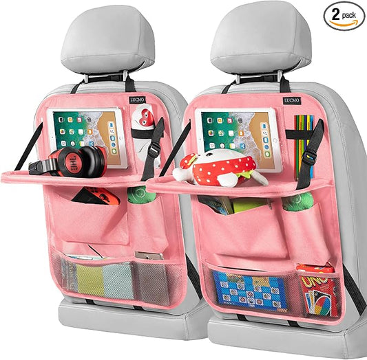 LUCMO Car Backseat Organizer with Foldable Tablet Holder, Pink | 2 Pcs,6 Storage Pockets,Foldable Food Tray,Protectors Kick Mats,Travel Accessories,Seat Cover,Road Trip Essentials