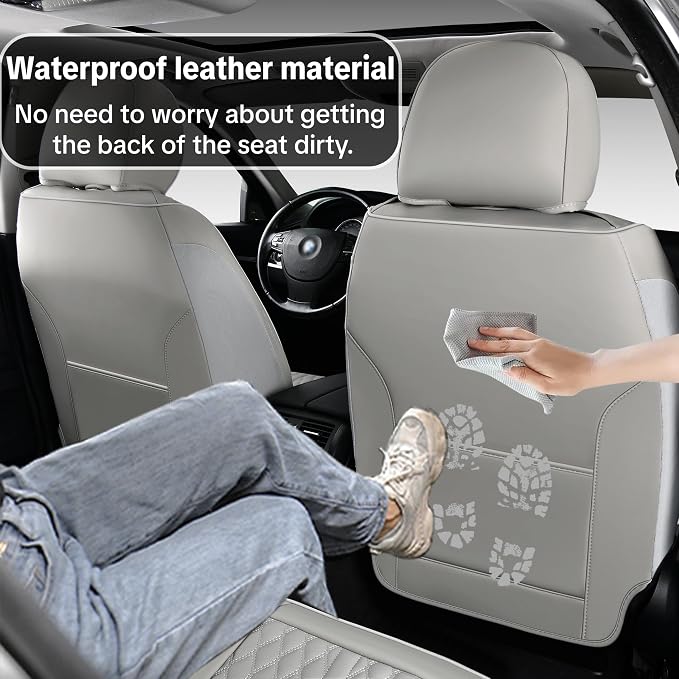 Car Seat Cover Complete Set, Light Gray, Suitable for Most Cars | with Lumbar Support, Premium Artificial Leather, Waterproof and Easy to Clean, Airbag Compatible