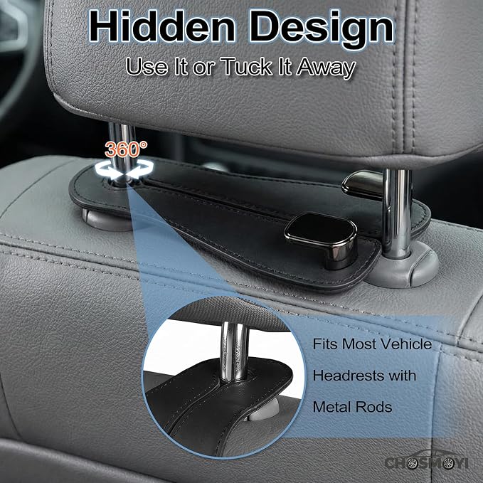CHOSMOYI 2 Packs Car Seat Hooks, Leather Car Headrest Hook, Car Purse Hook Seat Back Hanger Storage Organizer, Car Hook for Purses and Bags(Black)