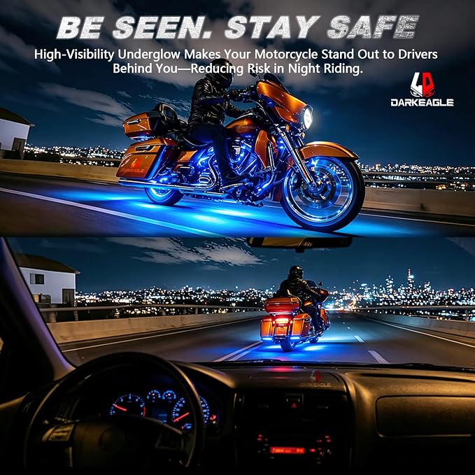 16PCS Motorcycle RGB LED Light Kits with Brake Turn Signal, Underglow Lights with APP/RF Remote Dual Zone,Multicolor Neon Strip Accent Lights Waterproof 12V for Cruiser, Touring & Adventure Motorcycle