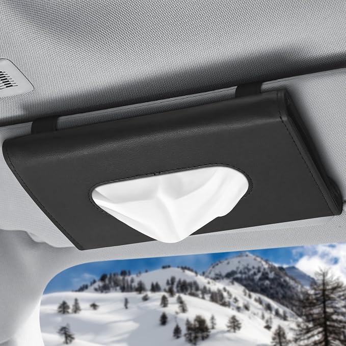9.1 × 4.7 x 1.5 Car Tissue Holder — PU Leather Sun Visor Tissue Holder for Car with Ergonomic Take-Out Port, Universal Fit — Refillable Napkin Storage with Metal Clip Mount, Quick Install in Seconds