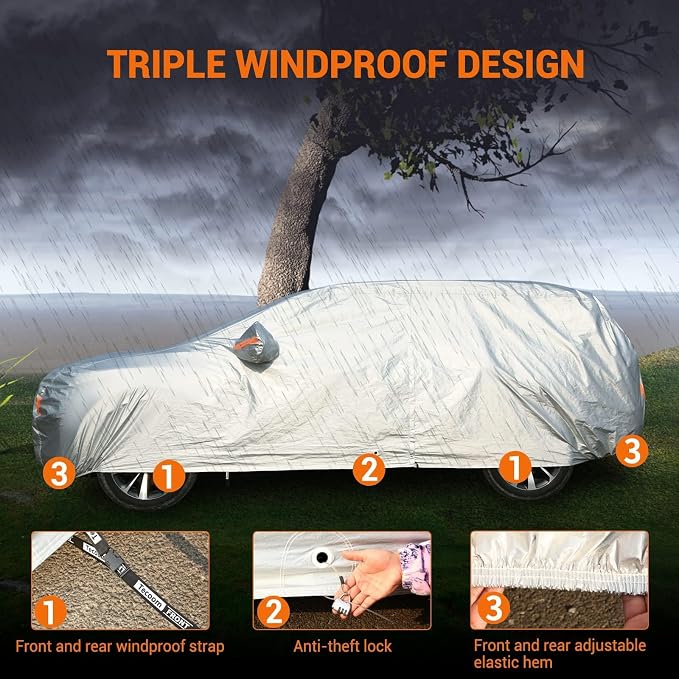 Tecoom SUV Car Cover Waterproof All Weather, 3-Layer Fleece Lined Outdoor Indoor Cover with Zipper Door & Lock, UV Snow Hail Sun Protection, Fit for SUV (206"–215")