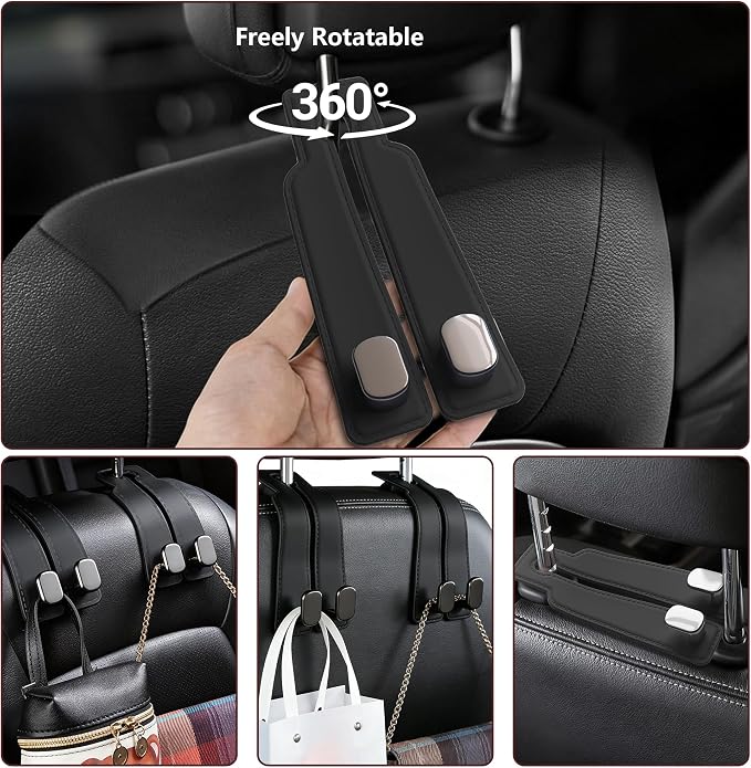 Headrest Hooks for Car Seat Back Storage Hook 2PC | Universal Premium materials silicone and Aluminum-Magnesium Alloy Double Car Seat Back Storage Hook for Purses Black