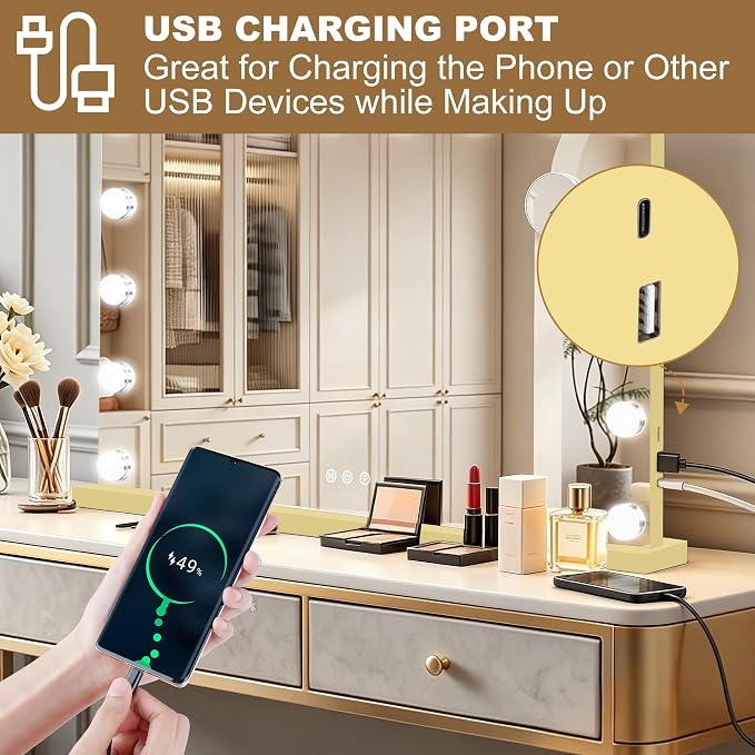 Ratsamee Gold Hollywood Vanity Mirror with Lights, 17 Dimmable Bulbs, 3 Color Lights,Make Up Lighted Mirror, Aluminum Metal Frame, USB Charging Port（26" x 20"）