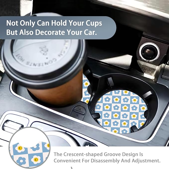 Retro Checkered Groovy Car Cup Coaster 2 Pack,70s Smiling Daisy Absorbent Ceramic Coaster for Women Men,Drink Car Cup Holders Interior Assecories,Universal 2.56" with Finger Notch & Cork Base