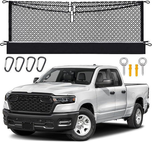 3-Layer Cargo Net for Dodge RAM 1500 2019-2026, Zipper Bag Truck Bed Net for Groceries, Heavy Duty Oxford Cargo Organizer Storage Nets with Carabiners