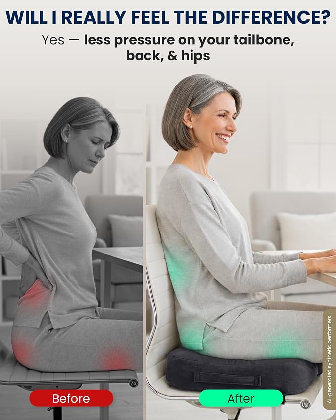 5 STARS UNITED Seat Cushion - Memory Foam Chair Cushion for Tailbone Pain Relief - Ergonomic Support for Coccyx, Sciatica & Butt - Office, Desk & Gaming Chair, Car Seat, Wheelchair, Airplane, D Gray