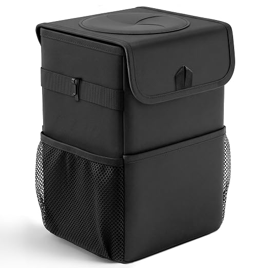 Car Trash Can with Lid - 1.7 Gallon Waterproof Leak-Proof Car Garbage Bin, Oxford Fabric Collapsible Organizer with Storage Pockets, Adjustable Strap for Headrest for SUV Truck Sedan, Black
