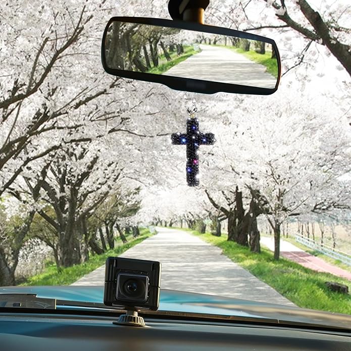 Bling Car Rear View Mirror Accessories Hanging Pendant,Cross Crystal Rhinestone For Car Mirror Hanging,Double-Sided Cross Diamond Religious,Interior Men Women Car Accessories