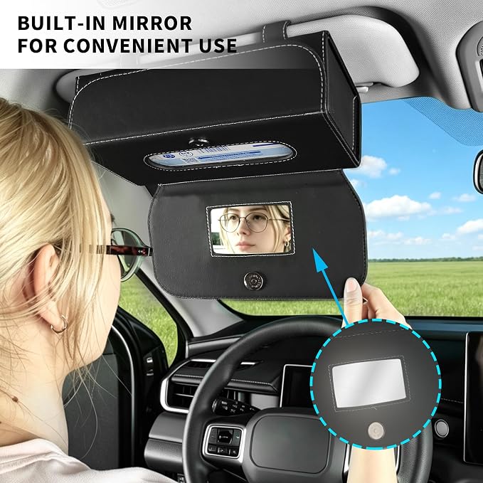 Car PU Leather Clip On Visor Tissue Holder with Mirror Storage Black | Tissues Box Cover for Sun Visors Large Rectangle Napkin Holder Fit for Various Tissue Sizes Box Organizer for SUV Sedan Truck