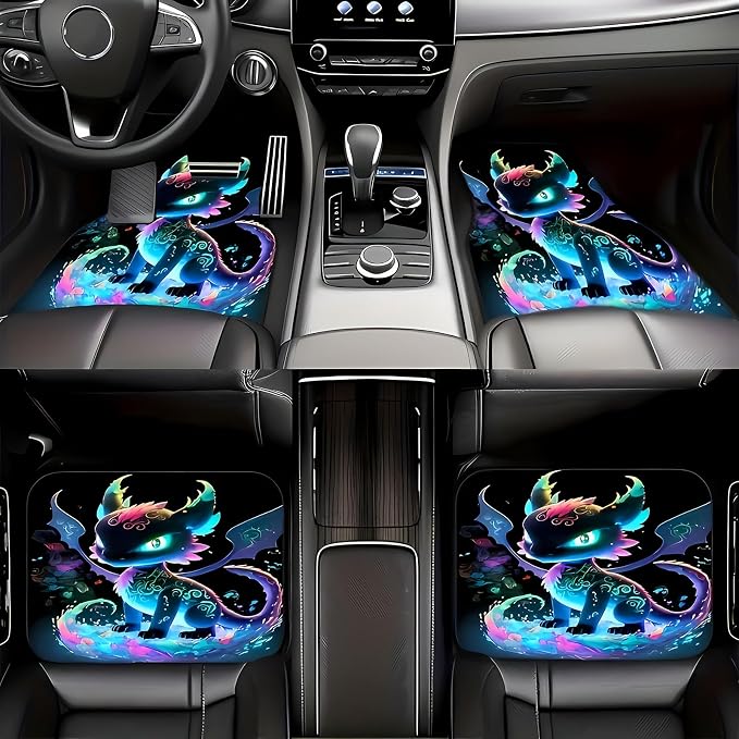 Universal Fit Car Floor Mats Set of 4Pcs, Iridescent Dragon Print All-Weather Front Rear Car Carpet Mats, Non-Slip Car Floor Mat Car Accessories for Automotive Trucks SUV Sedans Vans