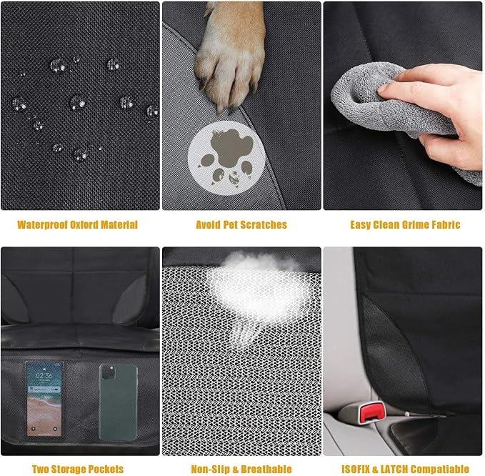 Universal Car Seat Protector - Waterproof Leather Seat Cover with Non-Slip Back & Organizer Pockets, Thick Padding for Child Safety (1, Black)