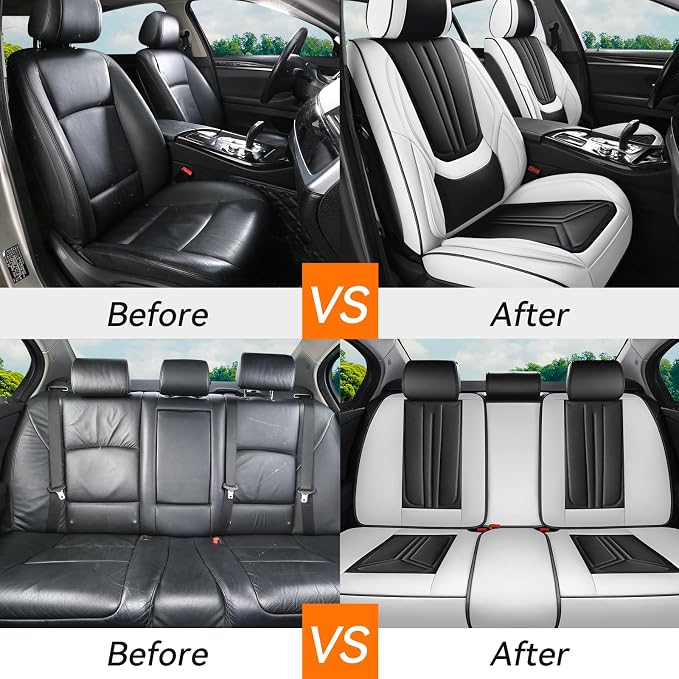 Car Seat Covers Full Set White and Black, Premium Leather Car Seat Covers, Waterproof and Breathable Seat Covers, Universal Car Seat Protector Fit for Cars, Trucks, SUVs, Pick-ups