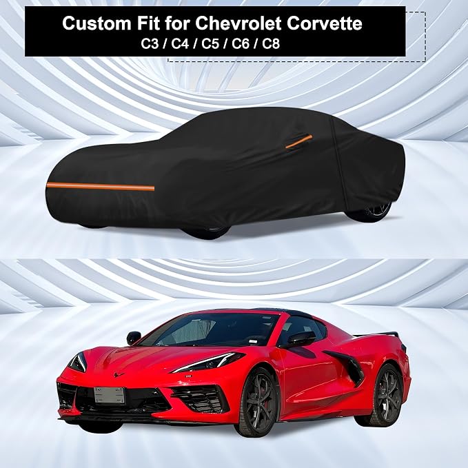 Amooca Car Covers Custom Fit for Chevrolet Corvette C3 C4 C5 C6 C8 Waterproof Sun-Proof All Weather for Automobiles Snow Cover 420D with Door Zipper Cotton Lining