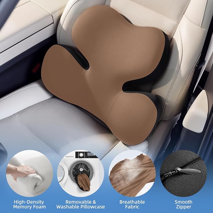 BEBAS Ergonomic Memory Foam Lumbar Support Pillow for Car, Coffee | Zoned Pressure Relief for Back Support, Lumbar Cushion with Fixed Ring, Breathable Washable Cover, Fits for Driving & Office