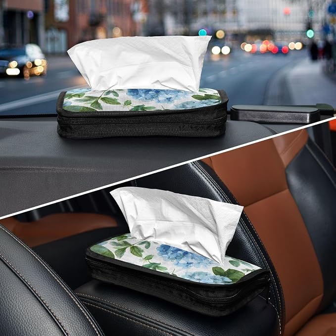 Vintage Blue Hydrangea Car Tissue Holder Durable Napkin Holder Hanging Tissue Holders Case Car Tissues Bag for Sun Visor Seat Back Universal Auto