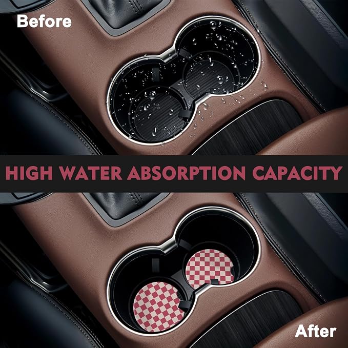 2 Pack Car Coasters for Cup Holders, Absorbent Ceramic Cup Coaster with Cork Base and Finger Notch, Cute Car Accessories Interior for Women Men (Grid-Pink)