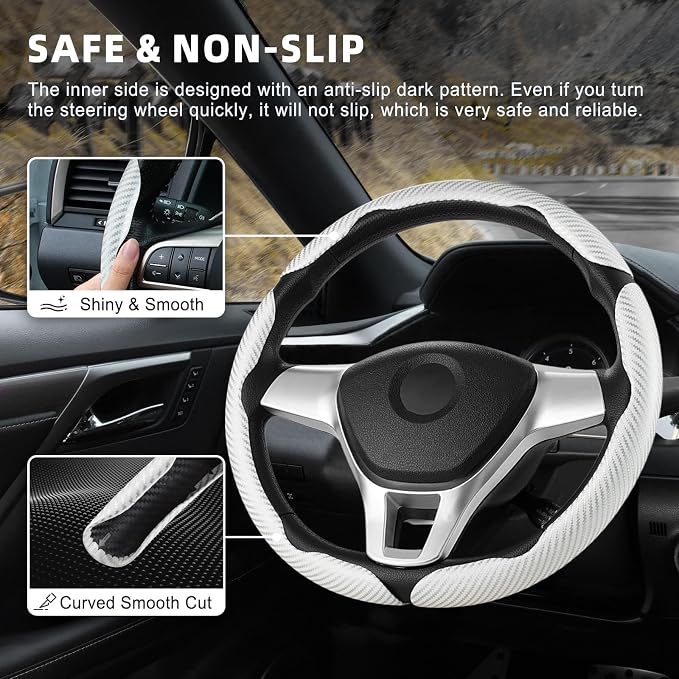 Amiss 3pcs Carbon Fiber Anti-Skid Steering Wheel Cover, Waterproof Design, Universal Fit for 14-16 Inch Car Wheel Cover, Interior Car Accessories for Jeeps, SUVs, Trucks (Glossy White)