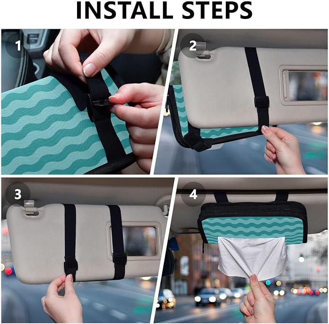Car Tissue Holder Car Napkin Holder Car Tissue Box Dispenser Storage Case Sun Visor Mask Holder with Adjustable Straps Reusable Refillable Sea Wave