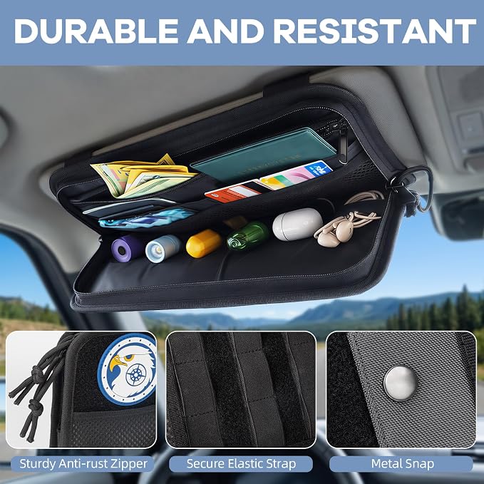 TICARVE Car Sun Visor Organizer, 1000D Nylon MOLLE Pouch with Zipper Black | Heavy-duty 1000D Nylon Car Sun Visor Organizer, With Zipper Pockets, Elastic Straps and Glasses Clip, for Car SUV Truck