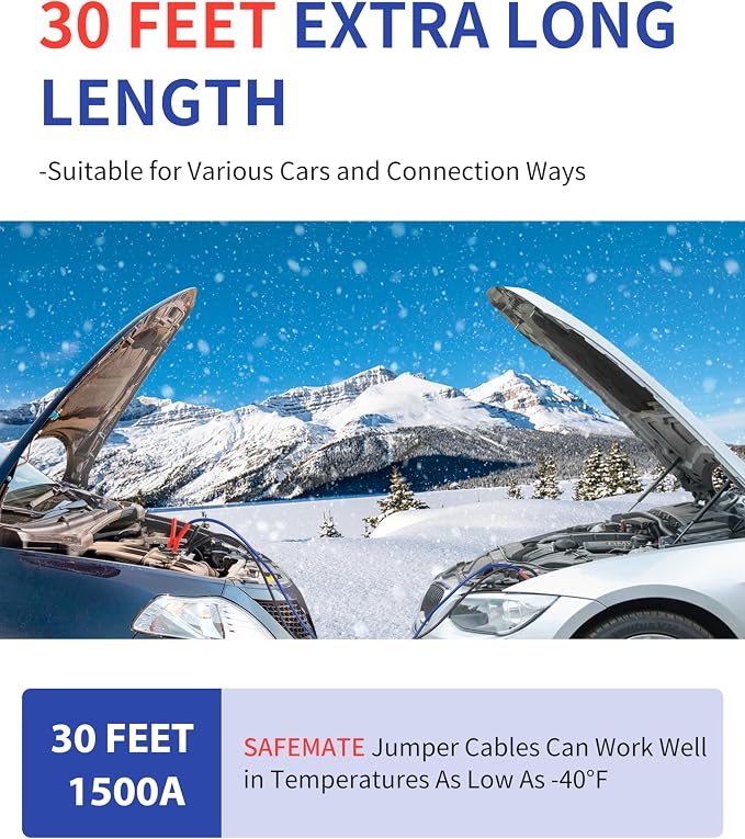 SAFEMATE 2/0 Gauge 30 FT Heavy Duty Jumper Cables - 1500Amp Booster Jumper Cable for Car, SUV and Trucks Battery - Quick Connect, Blue
