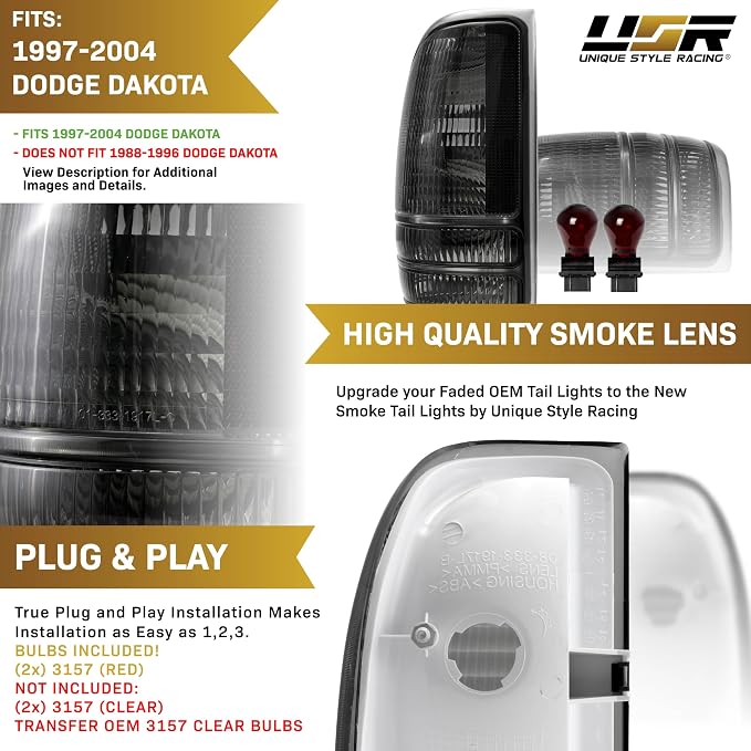 USR 97-04 Dakota PickUp Tail Light – Rear Tail Lamps (Left + Right) Pair - Compatible with 1997-2004 Dodge Dakota Pick Up Truck All Models/Trims (SMOKE TAIL LIGHTS/PLUG AND PLAY READY)