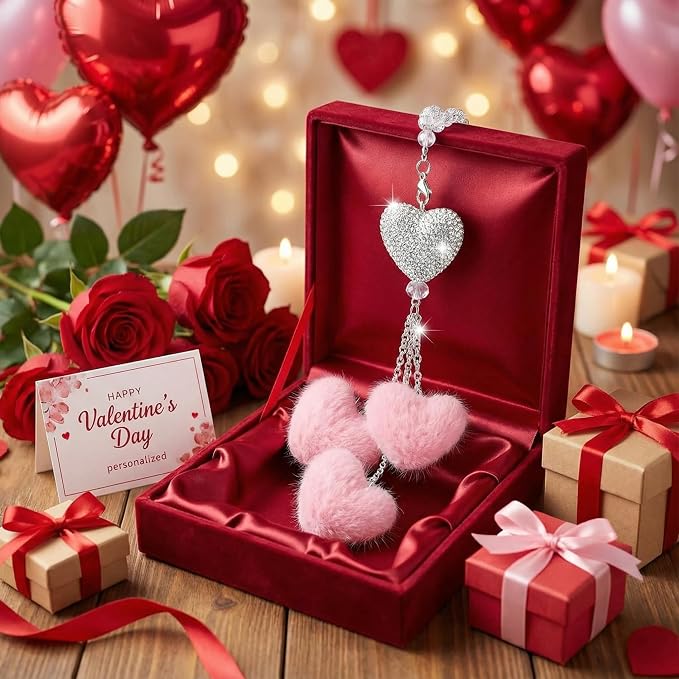Frienda Pink Car Rear View Mirror Accessories for Women Bling Heart Shaped Rhinestone Hanging Charm Sparkly Rear Mirror Ornament Pendant Gift for Girlfriend Wife Female Drivers Car Interior Decoration