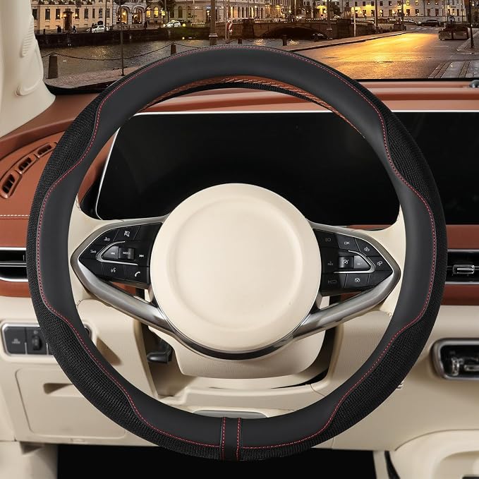 Nappa Leather Ice Silk Fabric Black Steering Wheel Cover | Non-Slip Breathable Soft Car Accessories, Warm in Winter and Cool in Summer, Small 13.5 inch to 14 inch for Prius Civic