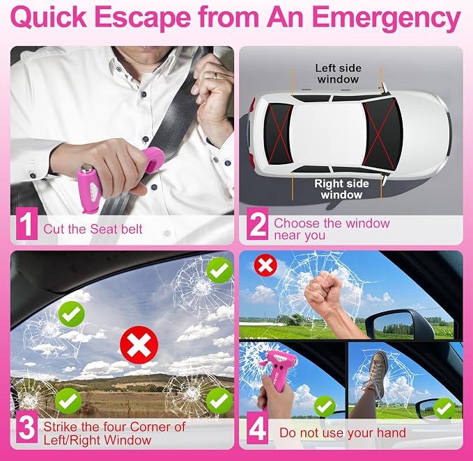 Car Safety Hammer, 3 in 1 Emergency Escape Tool with Window Breaker and Seat Belt Cutter, Window Glass Hammer, Road Trip Essential and Must Haves (Pink and Black)