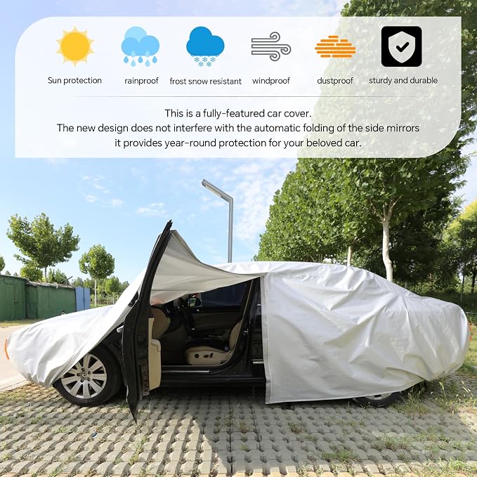 Car Cover Waterproof All Weather,Car Covers for Automobiles with Driver Door Zipper,Outdoor Car Cover Rain,Snow and UV Protection with Waterproof Adhesive Strip, Fit Sedan-Length 187" to192