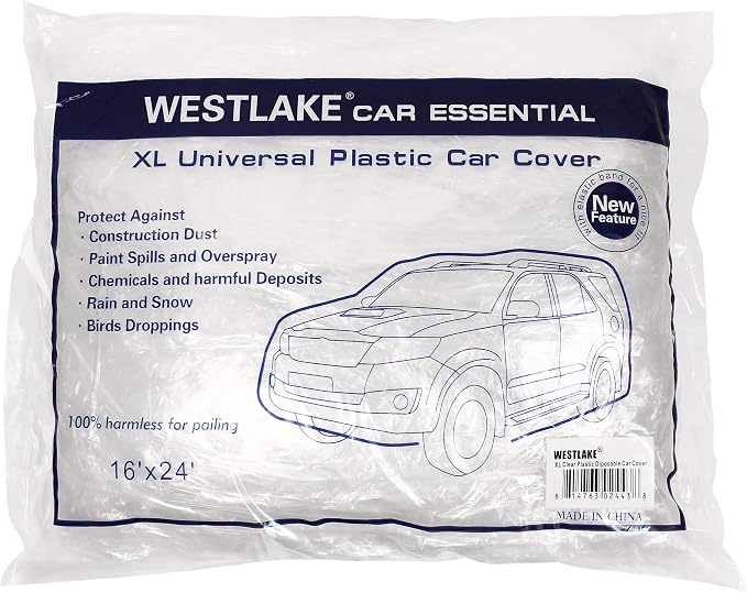 West Lake Car Essential Universal Disposable Clear Plastic Car Cover Suitable for SUV Sedan Mini Van, 24 Feet by 16 Feet Extra Large Size with Elastic Band