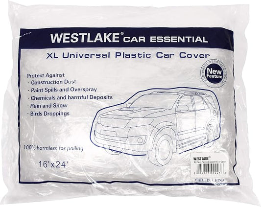 West Lake Car Essential Universal Disposable Clear Plastic Car Cover Suitable for SUV Sedan Mini Van, 24 Feet by 16 Feet Extra Large Size with Elastic Band