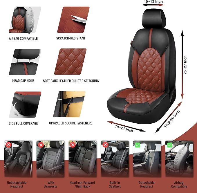 CAROMOP Luxury PU Leather Car Seat Covers Front Set, Anti-Stain Waterproof Automotive Seat Covers for Cars, Universal Car Interior Covers Seat Protectors for SUVs Pick-up Trucks(Burgundy Red)