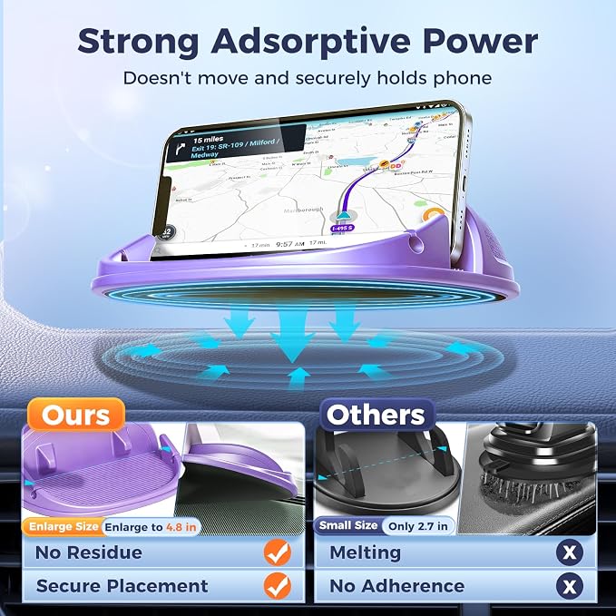 Loncaster Car Phone Holder, Car Phone Mount Silicone Car Pad Mat for Various Dashboards, Slip Free Desk Phone Stand Compatible with iPhone, Samsung, Android Smartphones, GPS Devices More (Purple)