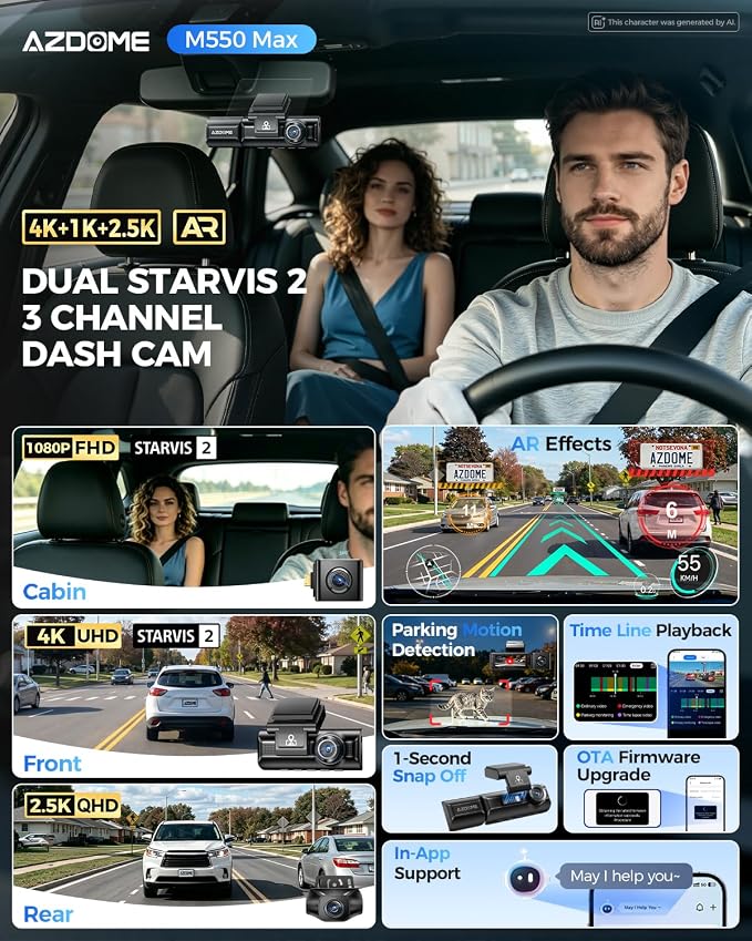 AZDOME M550 Max 4K 3 Channel Dash Cam, Dual STARVIS 2 Sensors, 4K+2.5K+1080P Front and Rear Inside Triple Car Camera, Built-in WiFi GPS, 64GB Card Included, IR Night Vision, for Cars Trucks SUV RVs