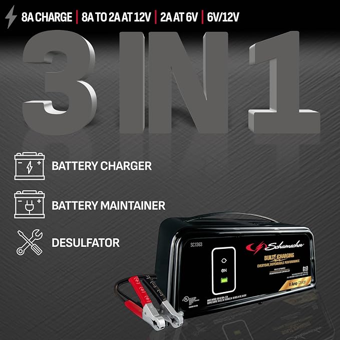 Schumacher Electric 8A Car Battery Charger and Maintainer, 3-in-1 Solution, for 6V/12V Power Sport, Automotive, and Marine Batteries, SC1363