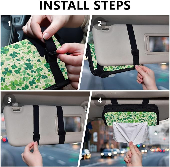 Car Visor Tissue Holder Mask Holder for Car, Car Tissue Box Sun Visor Napkin Holder Car Visor Accessories Adjustable Straps Reusable Durable Easy to Install Saint Patricks Green Clovers